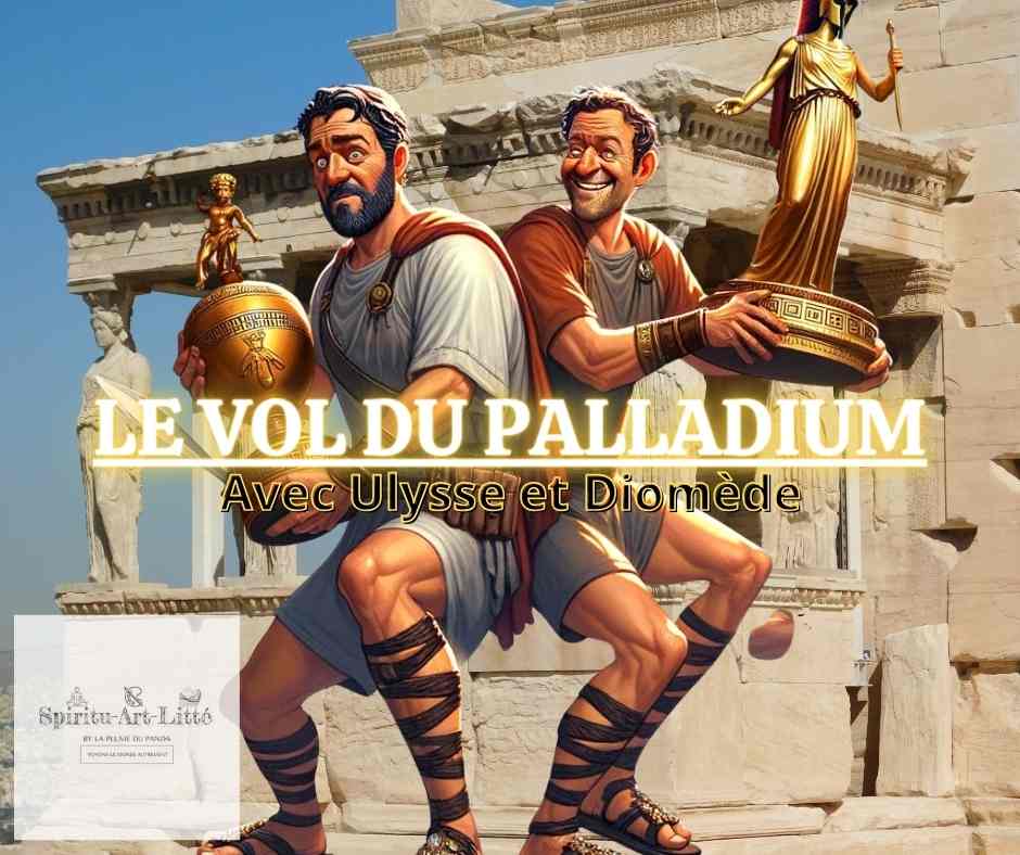 L'image nous montre Ulysse et Diomède qui volent le Palladium aux Troyens. Cette illustration fait penser à une affiche de film.