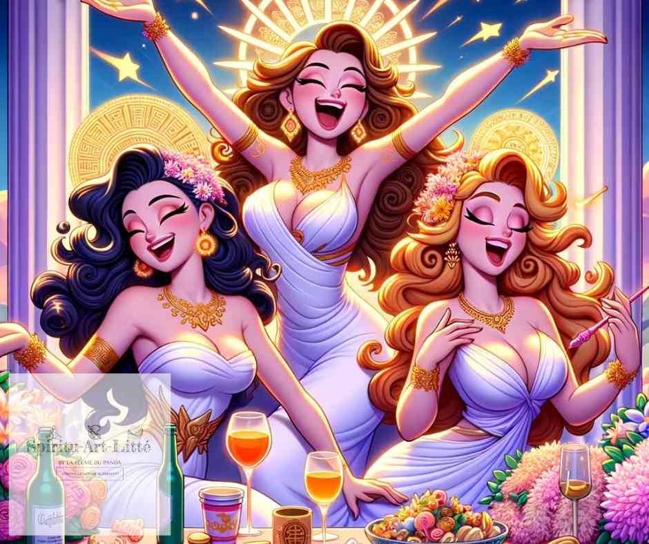 Cette image représente les Grâces, trois filles de Zeus, connues pour apporter le bonheur.