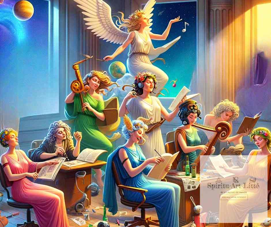L'illustration dépeint les Muses, des enfants de Zeus et de Mnémosyne, dans une salle de cours, en train de mettre en pratique toute leur créativité.
