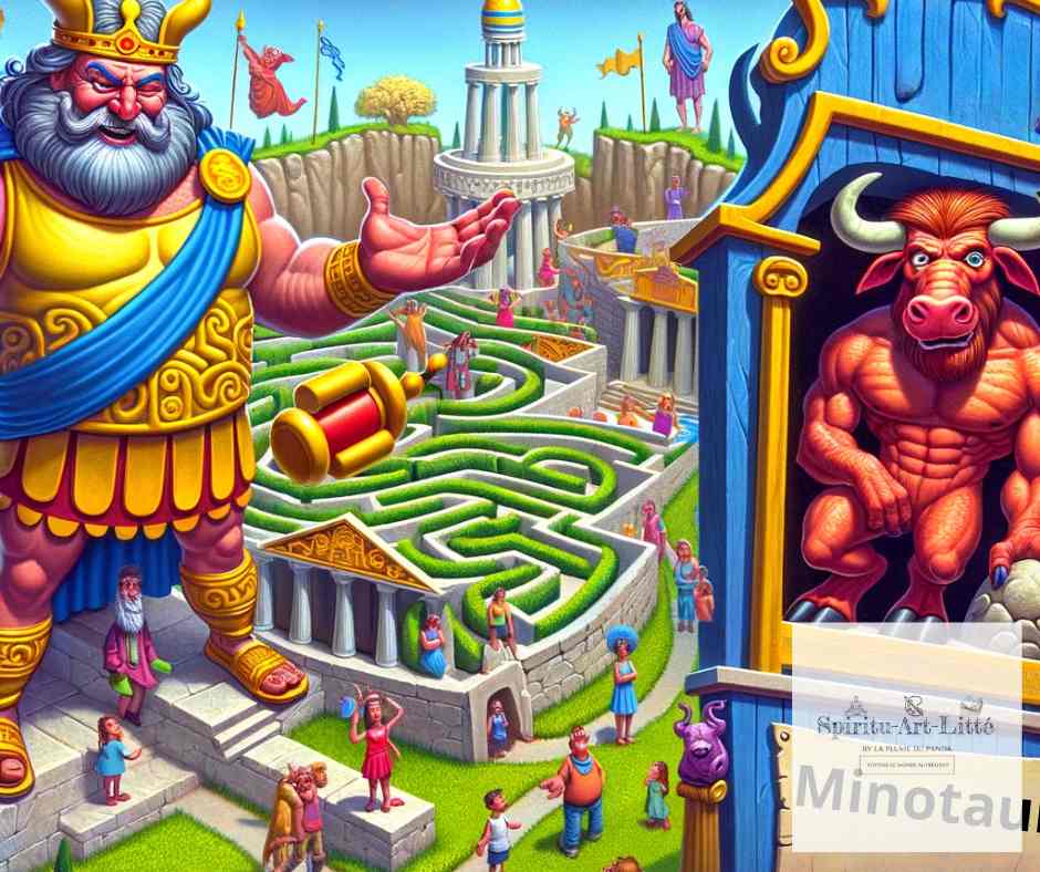 Cette image fun et contemporaine présente le Labyrinthe de Minos comme un parc d'attraction. Sur le panneau droit, on voit le Minotaure et sur le côté gauche, on peut apercevoir une statue de Minos qui se montre accueillant envers les visiteurs.