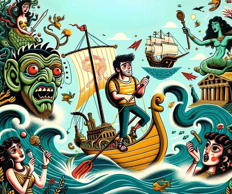 Cette image représente l'Odyssée d'Ulysse de manière humoristique. On y voit Charybde, Scylla, les Sirènes, Circé et bien d'autres.