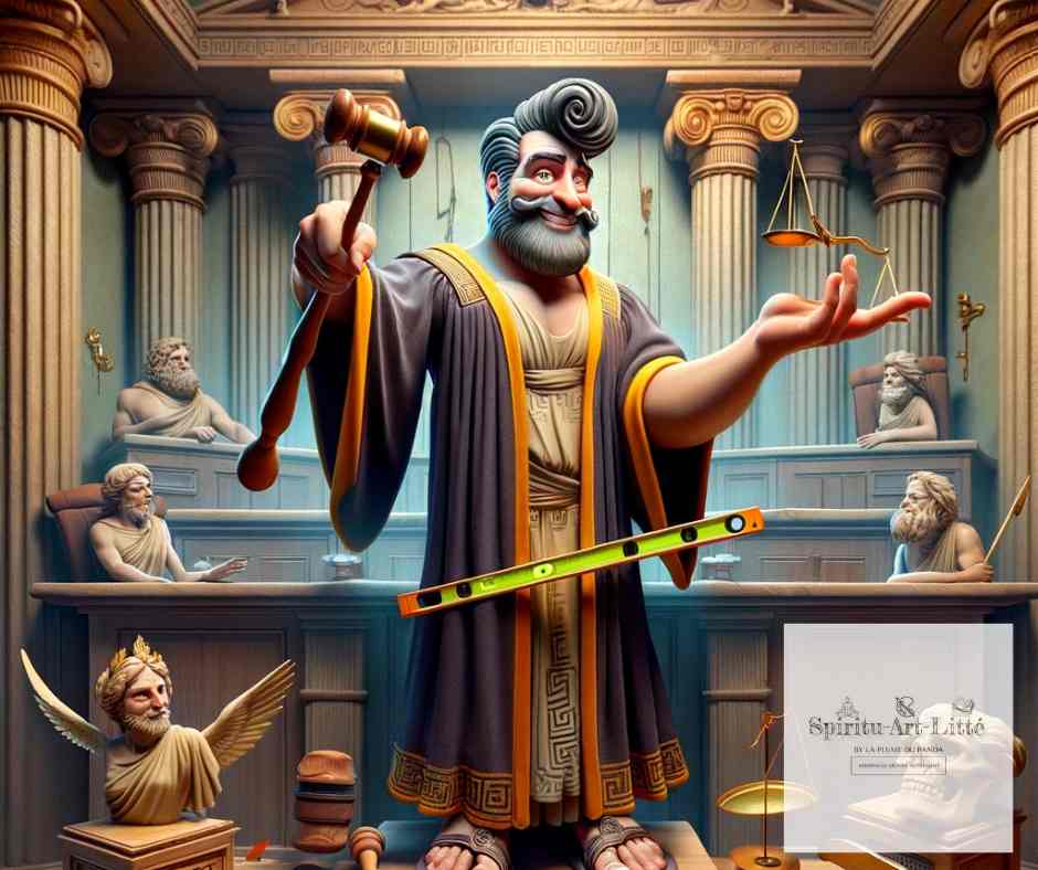 L'image illustre Rhadamante, un des enfants de Zeus, en tant que juge. Son visage accueillant et la règle présente sur l'image montre un homme à la fois droit et impartial dans son jugement.