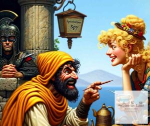 Une image drôle et comique d'Ulysse déguisé en mendiant dans la cité troyenne en train de discuter avec Hélène de Troie.