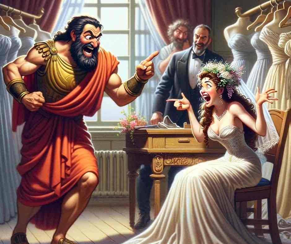 Cette illustration met en scène Ulysse en train de dire à Iphigénie qu'elle va se marier avec Achille.