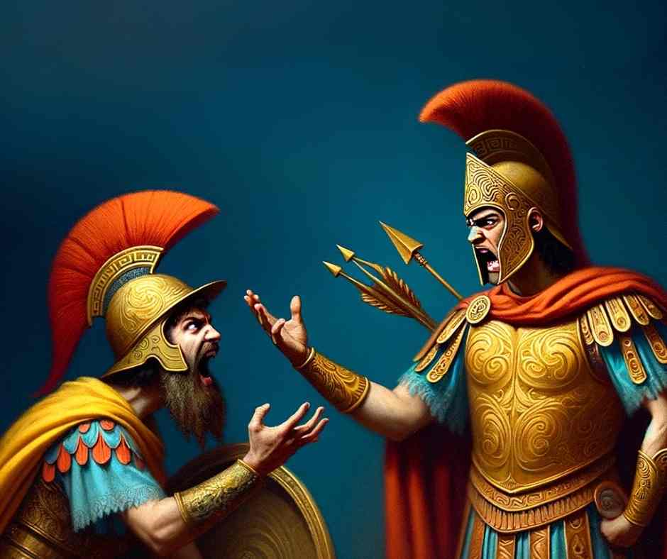 Cette illustration met en scène Ulysse et Achille en plein dialogue.