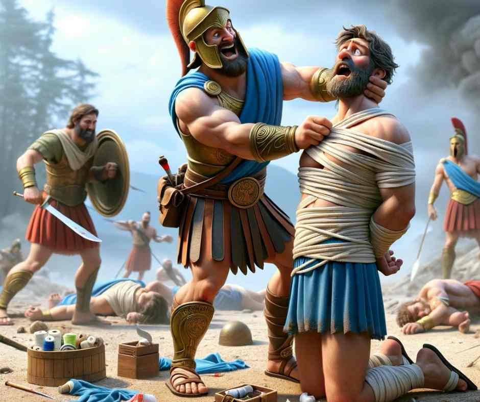 Cette illustration nous montre Ulysse en train de secourir Diomède sur le champs de bataille durant la Guerre de Troie.