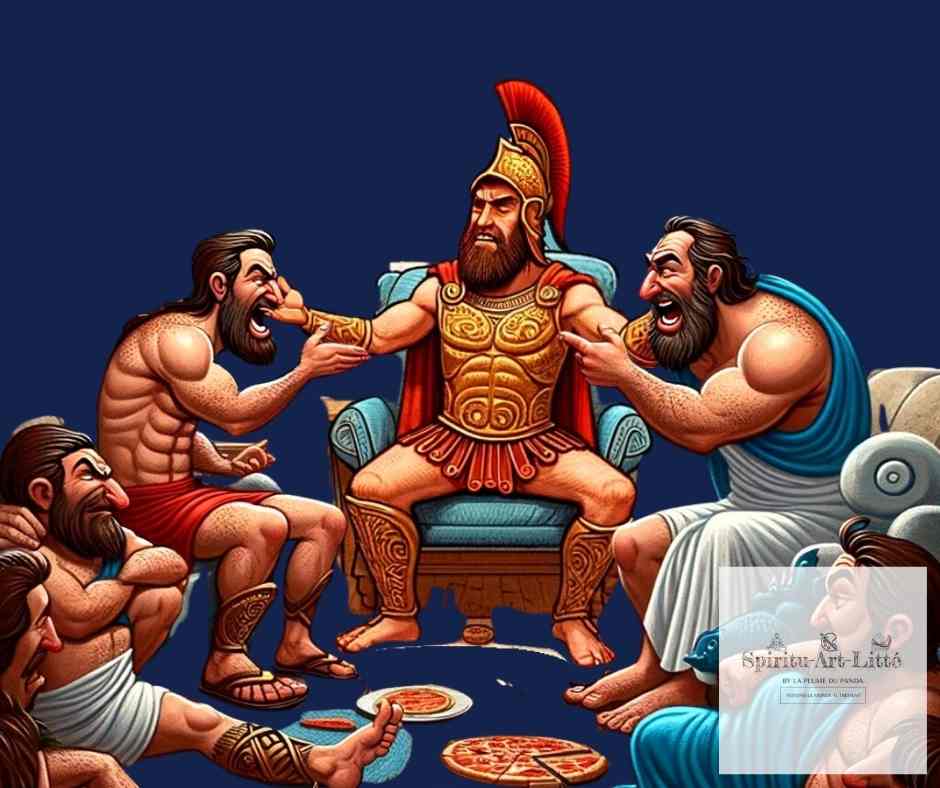 Cette image met en scène Ulysse en train d'apaiser les tensions entre Agamemnon et Achille.