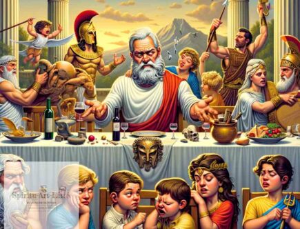 Cette image montre Zeus entouré de tous ses enfants lors d'un repas de famille. Il a l'air dépité et semble vouloir être ailleurs.