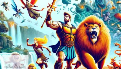 Ce dessin met en scène deux enfants de Zeus. On y aperçoit Hercule en compagnie du Lion de Némée. On peut y voir également Hélène de Troie en arrière-plan.
