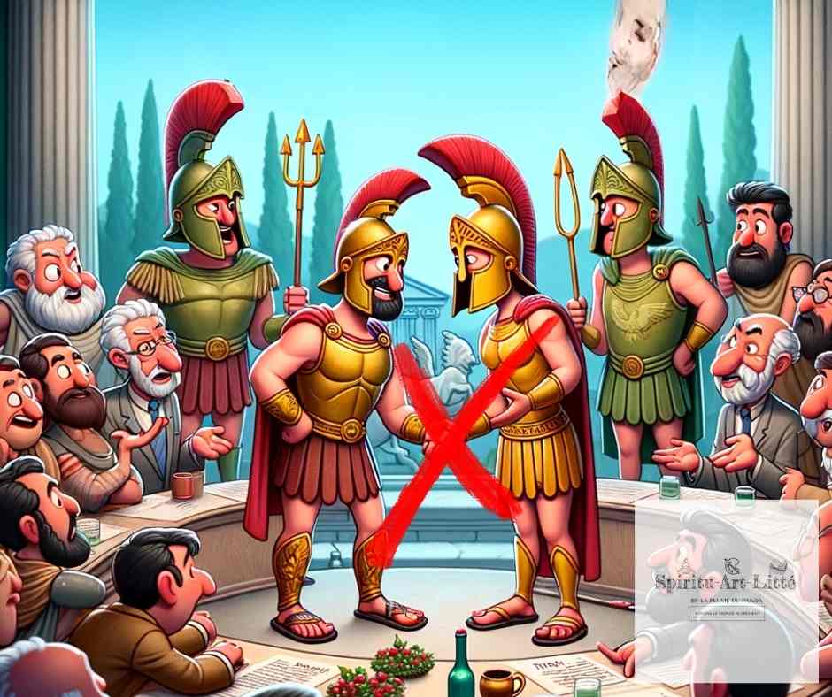Une image style manga qui montre les Grecs qui essaient de récupérer Hélène parmi les Troyens par la voie diplomatique. La croix rouge indique qu'aucun accord n'est possible.