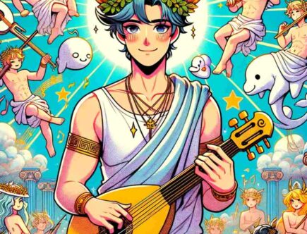 Image d'Apollon, un dieu olympien, dans un style manga avec une guitare.