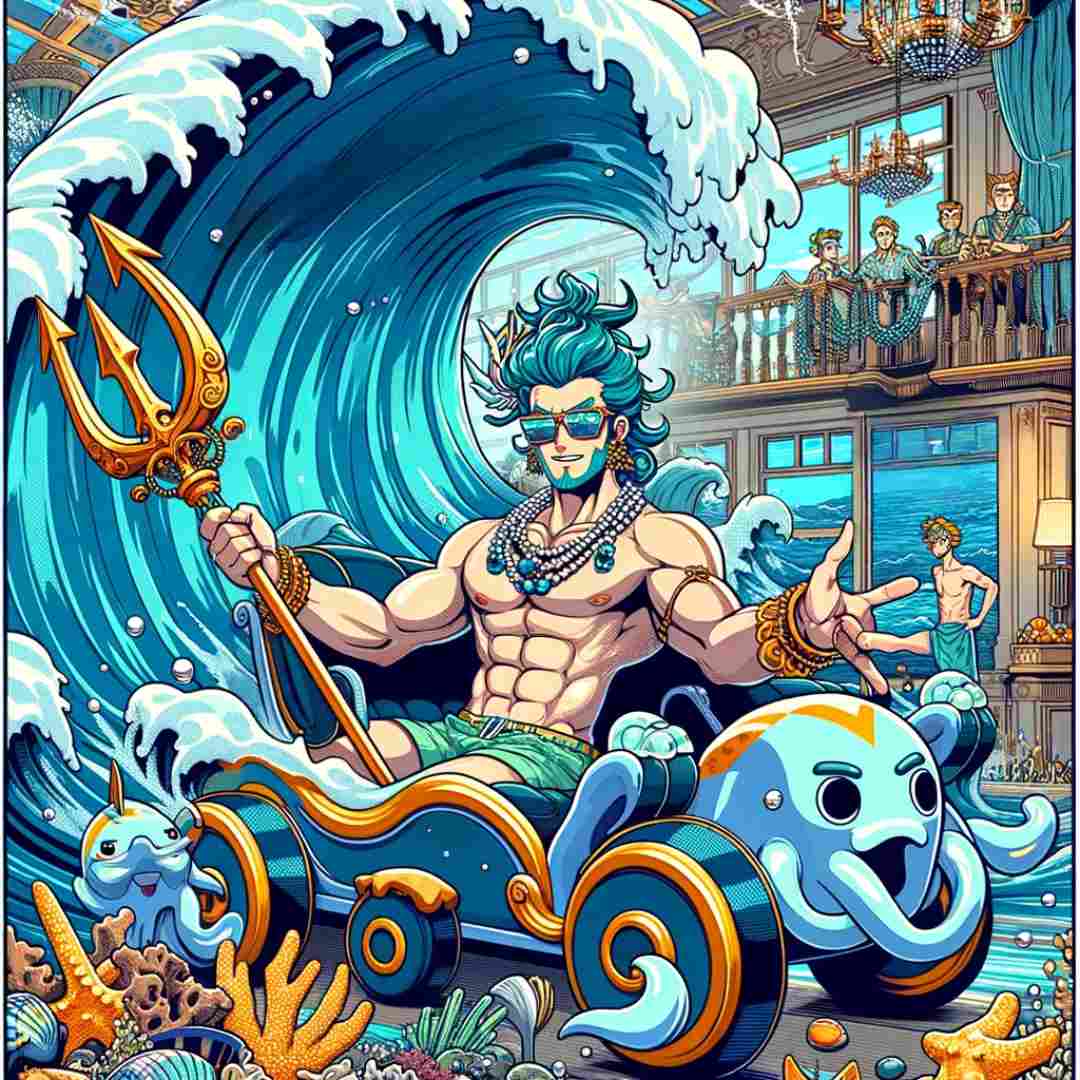 image de Poséidon, un dieu olympien, dans son char tiré par une créature marine.
