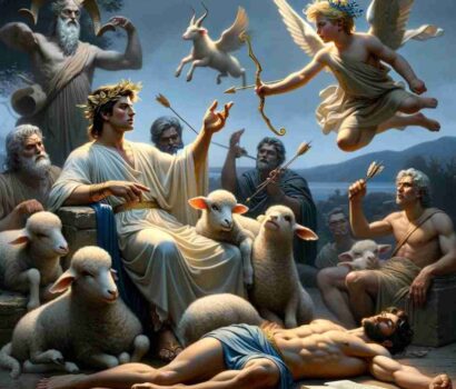 Illustration d'Hermès en train d'approcher Apollon pour lui voler son bétail.